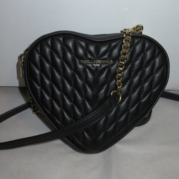 Karl Lagerfeld Paris Quilted Heart Kosette Leather Crossbody Bag Black - Picture 6 of 17